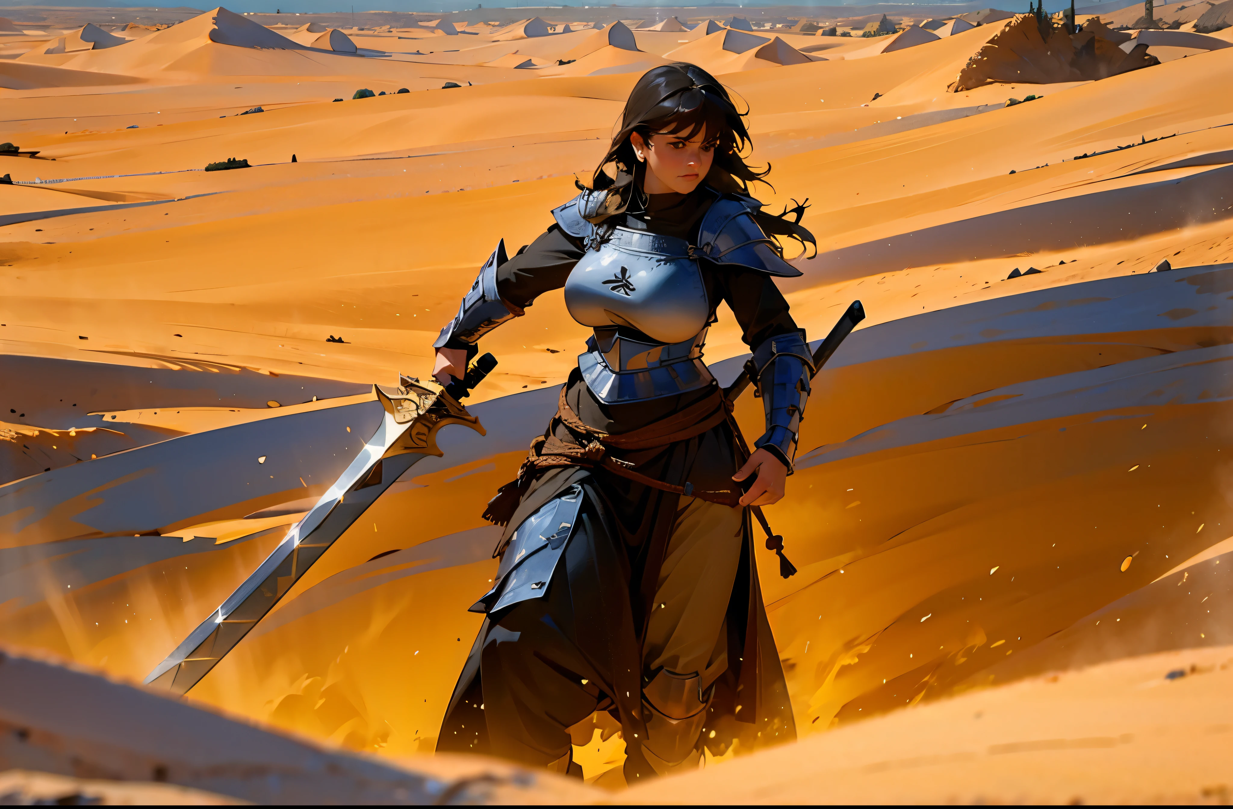 (high definition, 4k),1girl, medieval knight (in stile of Conan the Barbarian), wielding a sword,realistic,large breasts,facing away, desert background, dusty winds, (overexposure:1.5), warm tones, wide angle, (blurry background:1.3)