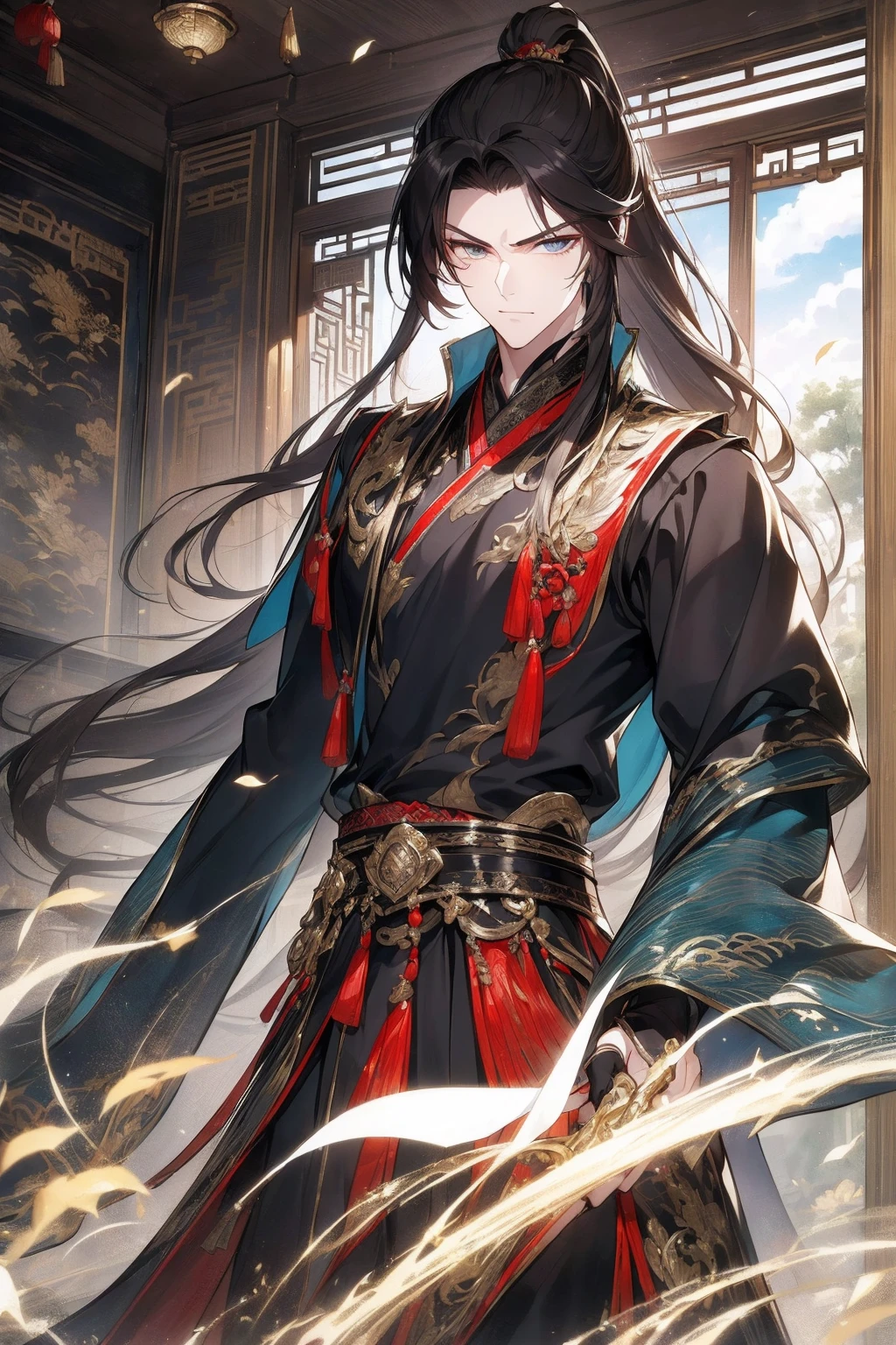 (Best picture quality, high resolution, clear image :1.2), super detailed background, handsome man standing with sword, long hair and high ponytail, this is, wind blowing, Chinese-style clothes, wearing black clothes, antique Chinese furniture, interior, Dutch Angle shot, soft lighting, upper body portrait, charming eyes, sharp eyes, eye focus,