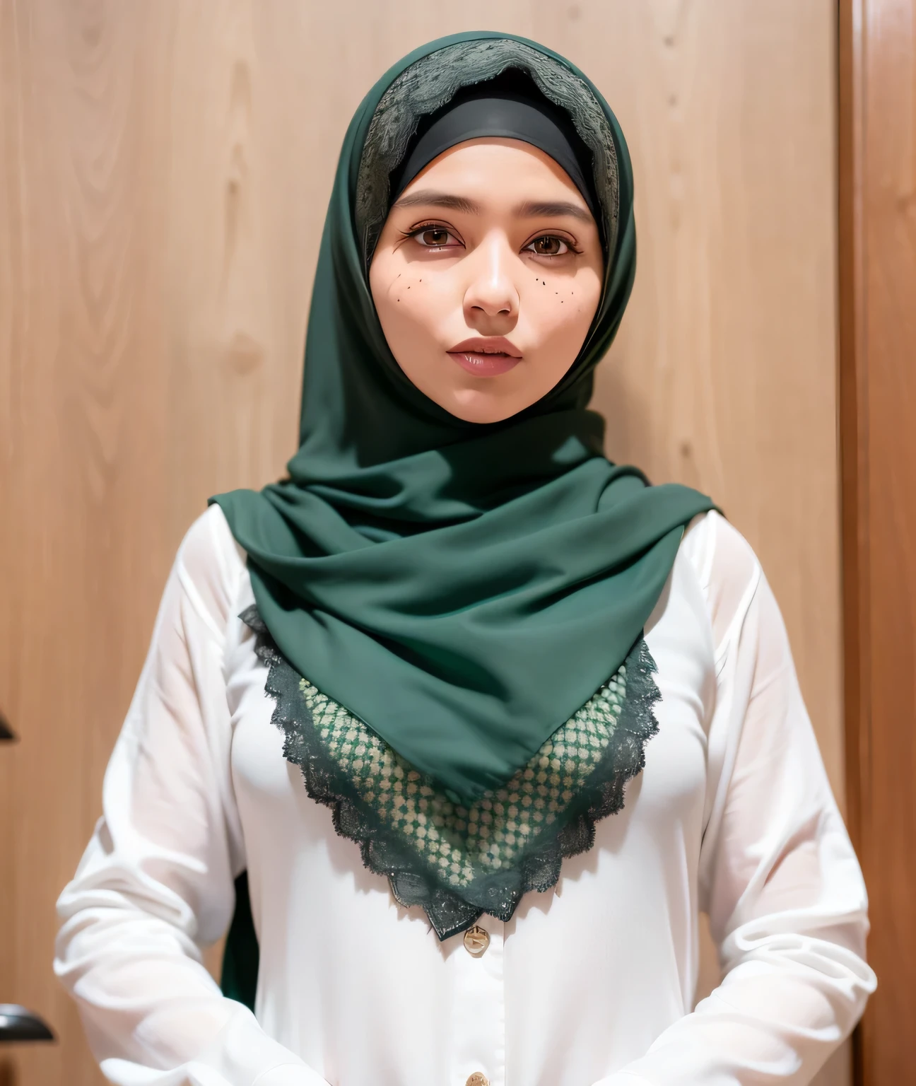 there is a woman wearing a hijab and a white shirt, shawl, inspired by Nazmi Ziya Güran, ( ( dark green, official product image, dark green, scarf, lace, in gunmetal grey, long hair shawl, hijab, gauze, selina, dark grey, inspired by Shaddy Safadi, inspired by Fathi Hassan