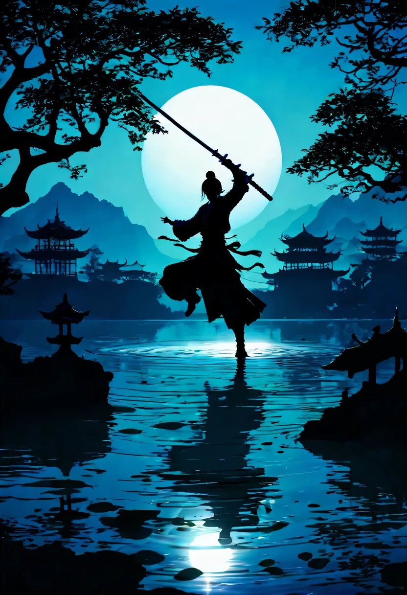 (纯Black silhouette,Silhouette of heroine dancing sword:1.5),Glowing sword,(Fighting posture，Strong dyna pose:1.4),on  the lake，high contrast, movie lighting, Enigmatic Atmosphere,，lotus flower，Lotus leaf，corrugation，(water splash;1.4)，a moon，dyna，swordsman，Kungfu，Black silhouette，Extreme backlight shooting,Black silhouette appears in the photo(No color or detail),Creates strong contrast with bright background