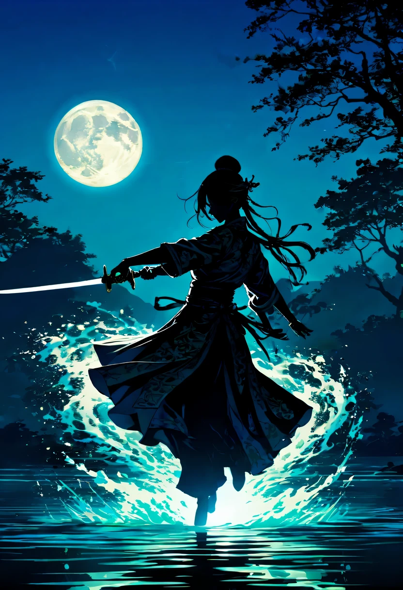 (纯Black silhouette,Silhouette of heroine dancing sword:1.5),Glowing sword,(Fighting posture，Strong dyna pose:1.4),on  the lake，high contrast, movie lighting, Enigmatic Atmosphere,，lotus flower，Lotus leaf，corrugation，(water splash;1.4)，a moon，dyna，swordsman，Kungfu，Black silhouette，Extreme backlight shooting,Black silhouette appears in the photo(No color or detail),Creates strong contrast with bright background