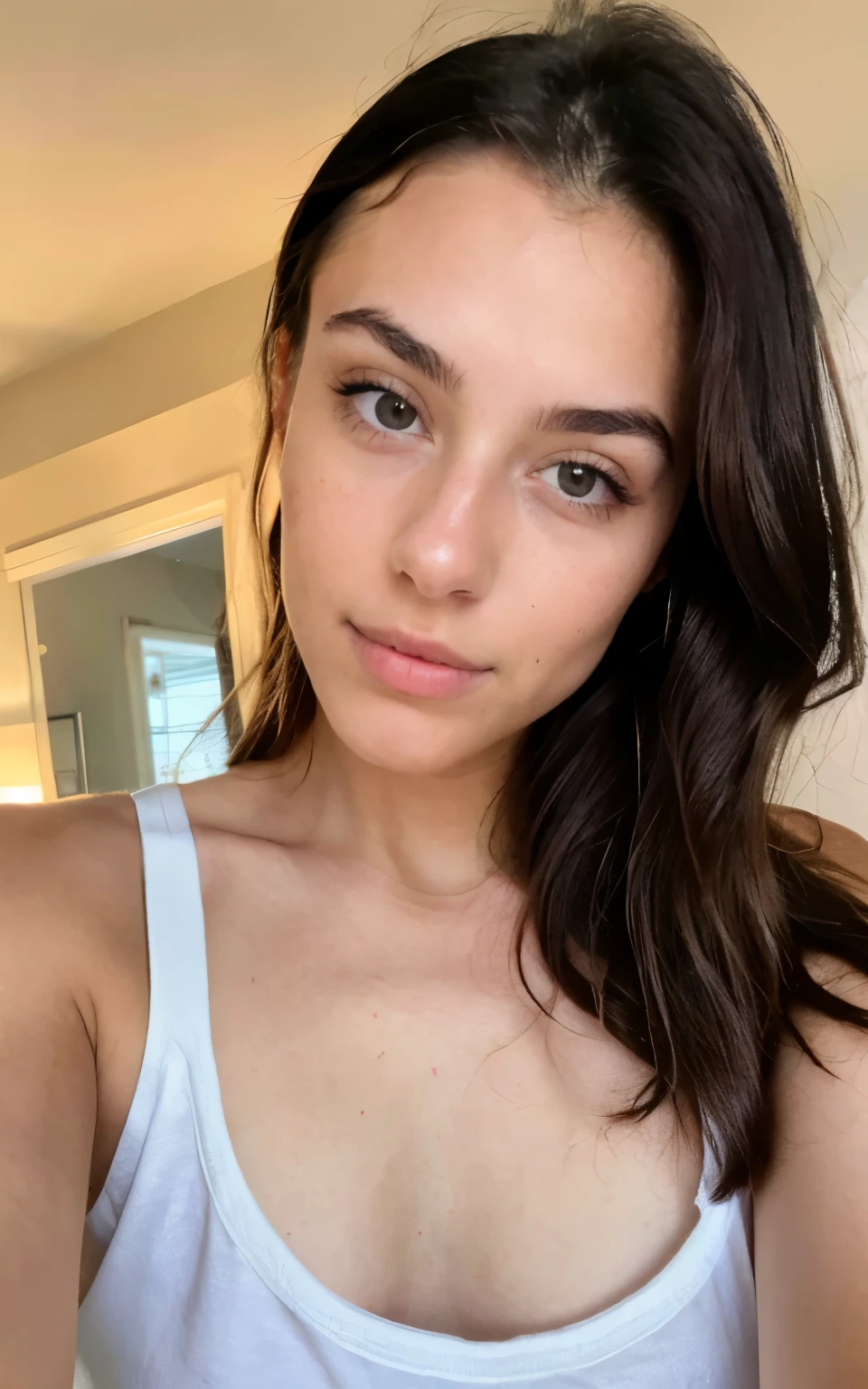 brunette 29 year old woman wearing tank top selfie - SeaArt AI