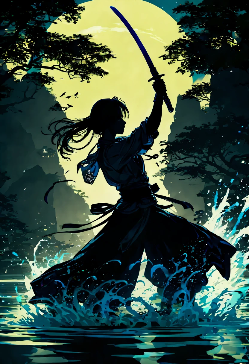 (纯Black silhouette,Silhouette of heroine dancing sword:1.5),Glowing sword,(Fighting posture，Strong dyna pose:1.4),on  the lake，high contrast, movie lighting, Enigmatic Atmosphere,，lotus flower，Lotus leaf，corrugation，(water splash;1.4)，a moon，dyna，swordsman，Kungfu，Black silhouette，Extreme backlight shooting,Black silhouette appears in the photo(No color or detail),Creates strong contrast with bright background