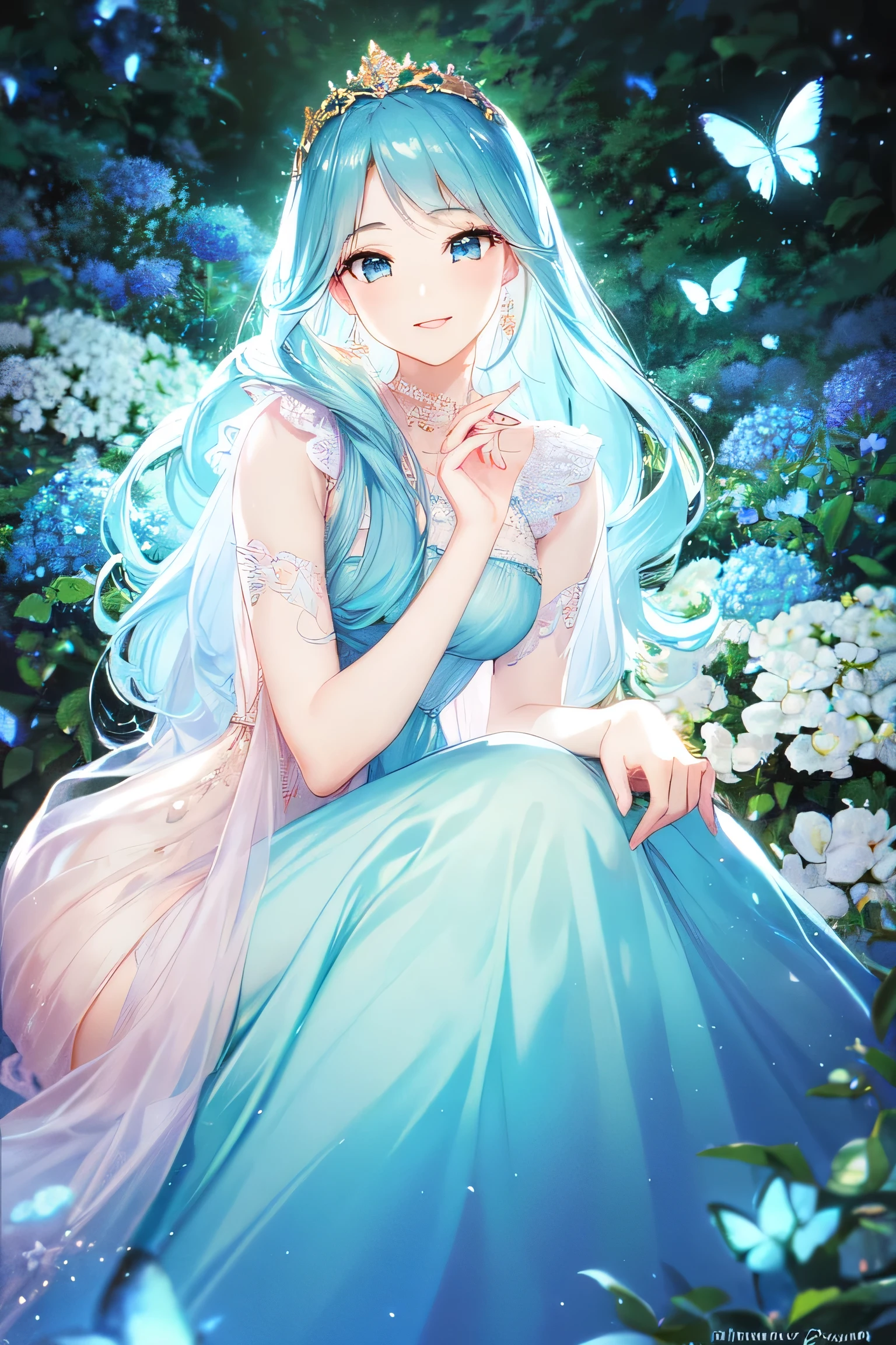 (best quality,4k,8k,highres,masterpiece:1.2),ultra-detailed,(realistic,photorealistic,photo-realistic:1.37),light blue hair,turquoise eyes,long eyelashes,big red lips,bright and vivid colors,soft and flowing curly hair,delicate and elegant princess,sparkling tiara,beautiful floral crown,crystal-clear skin,rosy cheeks,innocent and captivating smile,girly and feminine style,gorgeous silk gown,fine lace details,ornate gold jewelry,royal garden background with blooming flowers and vibrant butterflies,dreamy and enchanting atmosphere,soft natural sunlight streaming through the trees,ethereal light pink and baby blue color palette,romantic and whimsical ambiance,soft bokeh effect,impressionist painting style