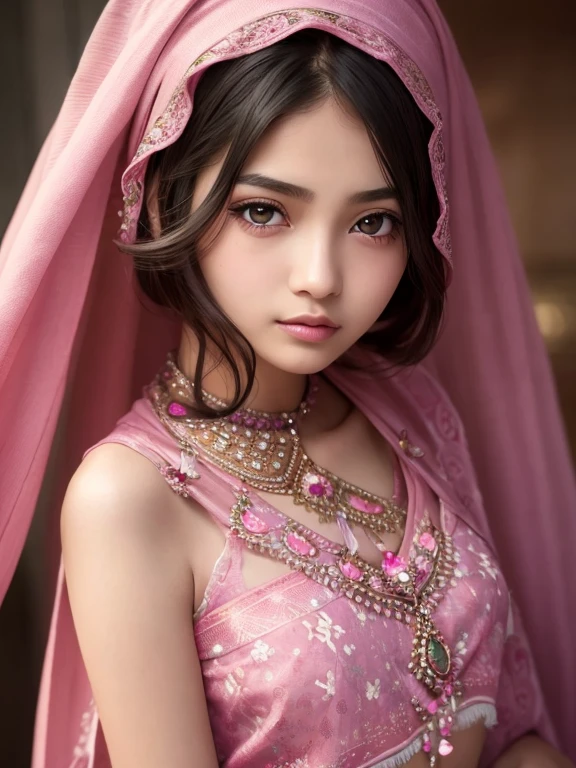 pink long shawl, beautiful girl, brown_eyeeautiful slim teenage girl 18 year old, lips, realistic, narrow waist, charming, pink lipstick, colorful makeup, long eyelashes, wearing eyeliner, fair skin, (cute), (detailed face), detailed eyes, detailed iris