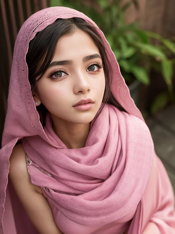 pink long shawl, beautiful girl, brown_eyeeautiful slim teenage girl 18 year old, lips, realistic, narrow waist, charming, pink lipstick, colorful makeup, long eyelashes, wearing eyeliner, fair skin, (cute), (detailed face), detailed eyes, detailed iris