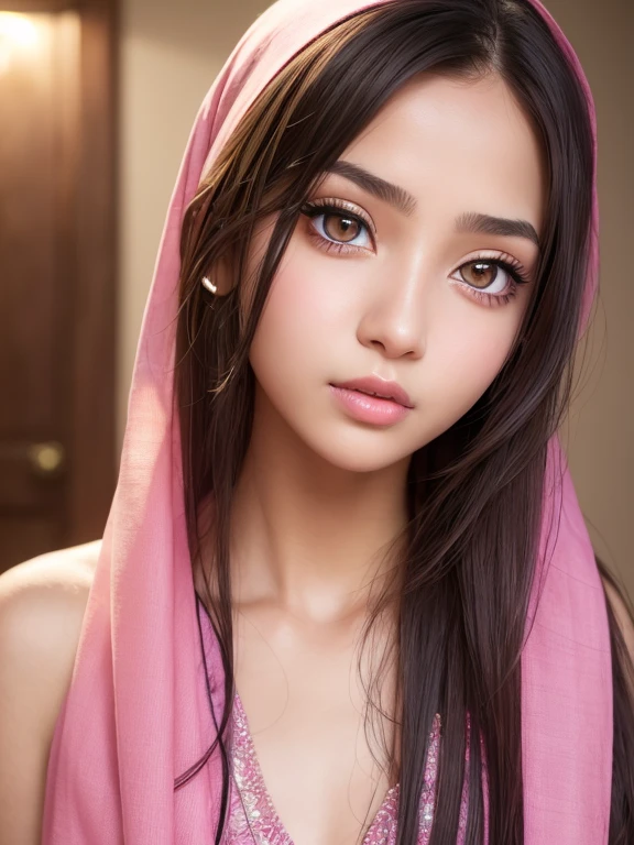 pink long shawl, beautiful girl, brown_eyeeautiful slim teenage girl 18 year old, lips, realistic, narrow waist, charming, pink lipstick, colorful makeup, long eyelashes, wearing eyeliner, fair skin, (cute), (detailed face), detailed eyes, detailed iris