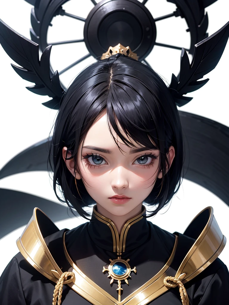 black hair, icon, anime style, masterpiece, extremely detailed, symmetrical, UHD, ultra high resolution, simple background, white background, realistic, 8k