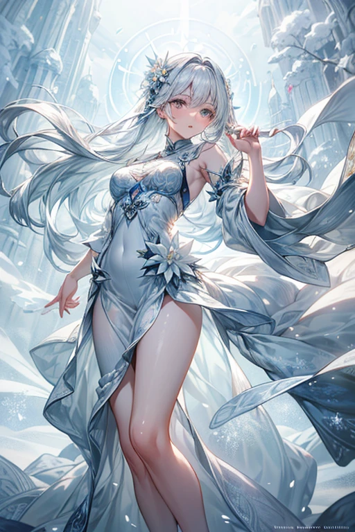 Paradise in Heaven, White lighting,(muste piece), (best quality), (cinematic), 8K, (art station), Li Yue painting style.(A woman with long white hair and silvery eyes), (Beautiful delicate face)、[ Particle Lou Full Moon] [Frozen trees々] [landscape crystal] [great writing] [Ethereal Atmosphere]:1.1] [Fantasy, short story] [soft great writing] [+cinematic shot]:1.2 [+art station] [+luminous white background] [+soft great writing] [soft glow] [Creative and dynamic angles]:1.3, [+Crystal Toning] 、muste piece, very detailed, Super detailed, 独奏, (pale skin), Silvery eyes, white hair, (snowy background), (snowflake rosen flower:1.0), (shining crystal),, (Snowy ground), (White lashes), sexy woman、dreamy and detailed, Gorgeous setting, Mysterious atmosphere muste piece, The most beautiful scenes, majestic、(((full of white flowers)))、quiet and serene atmosphere、attractive, all white tones,Inside the crystal library,Transparent flowers and falling snow，Many white roses are planted,(flowingwater,falls,water bloom),The decoration is also carefully done.,Dreamy（very detailedです，creative design，crisp and precise lines，k hd，best quality，T Masterpiece，超High resolution，In 4K）、Diverse poses、((beautiful white flower hair ornament))、beautiful hairstyle、(best quality, In 4K, 8K, High resolution, muste piece:1.2), Super detailed, Detailed expression, Graceful posture, expressive brush strokes, mystic atmosphere, artistic interpretation,Delicate floral jewelry， (((Detailed design、Beautiful lace translucent dress、see-through small dress)))、(SFW:1.5), (Oversized breasts, best body proportions, proportions of large breasts,:1.5),(white decoration on thigh)、((Beautiful crystal accessories on the legs))。((Beautiful crystal accessories on the arm))