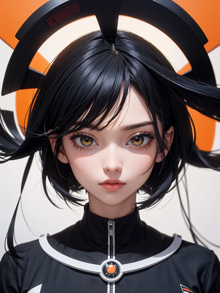 black hair, icon, anime style, masterpiece, extremely detailed, symmetrical, UHD, ultra high resolution, orange halo, white background, realistic, 8k