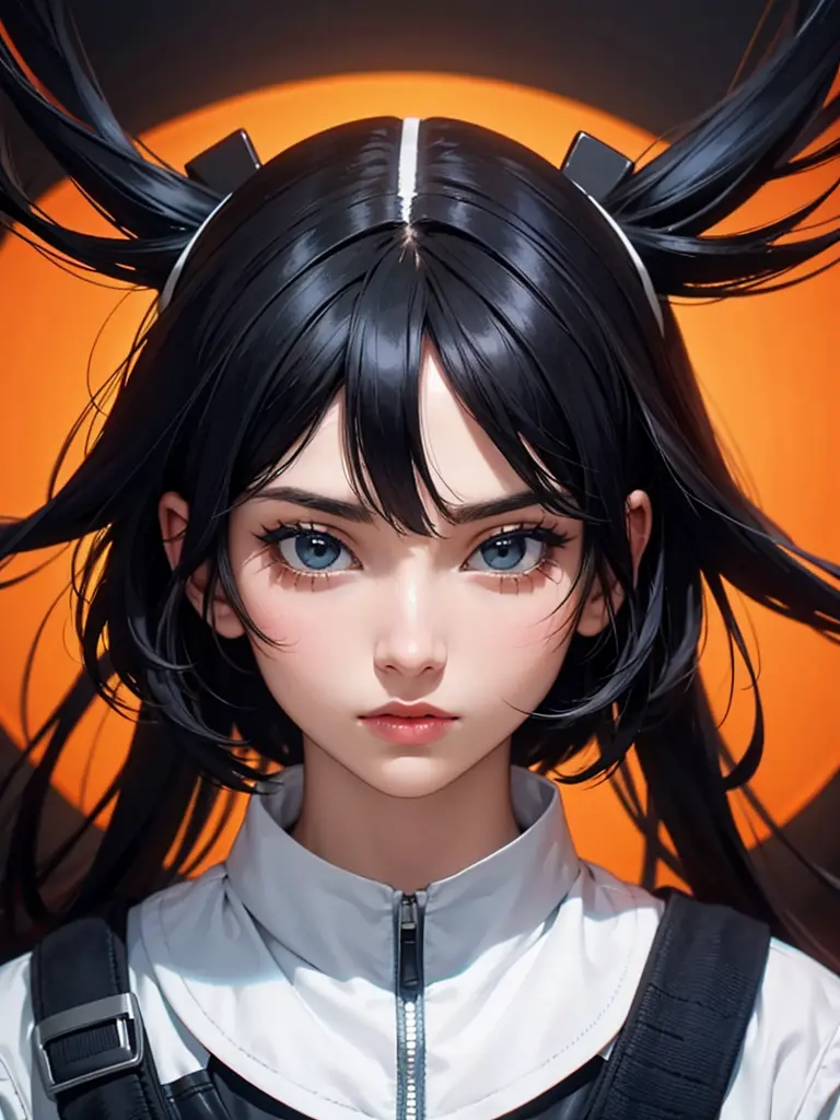 black hair, icon, anime style, masterpiece, extremely detailed, symmetrical, uhd, ultra high resolution, orange halo, white back...