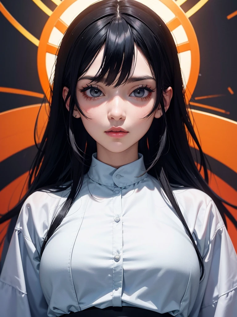 black hair, icon, anime style, masterpiece, extremely detailed, symmetrical, UHD, ultra high resolution, orange halo, white background, realistic, 8k