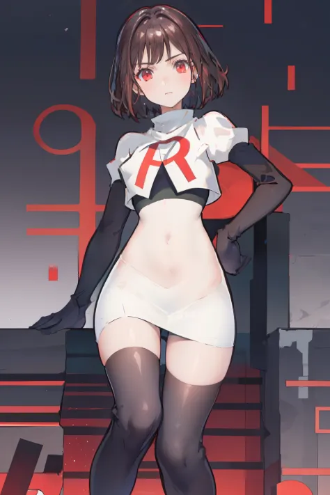 (extremely detailed CG), (best quality), perfect face, shiny skin, lustrous skin,wide hips,   1girl,solo ,    RaeTaylor,jewelry, red eyes, short hair, brown hair, looking at viewer,team rocket,team rocket uniform,white skirt,red letter R,crop top,black thi...