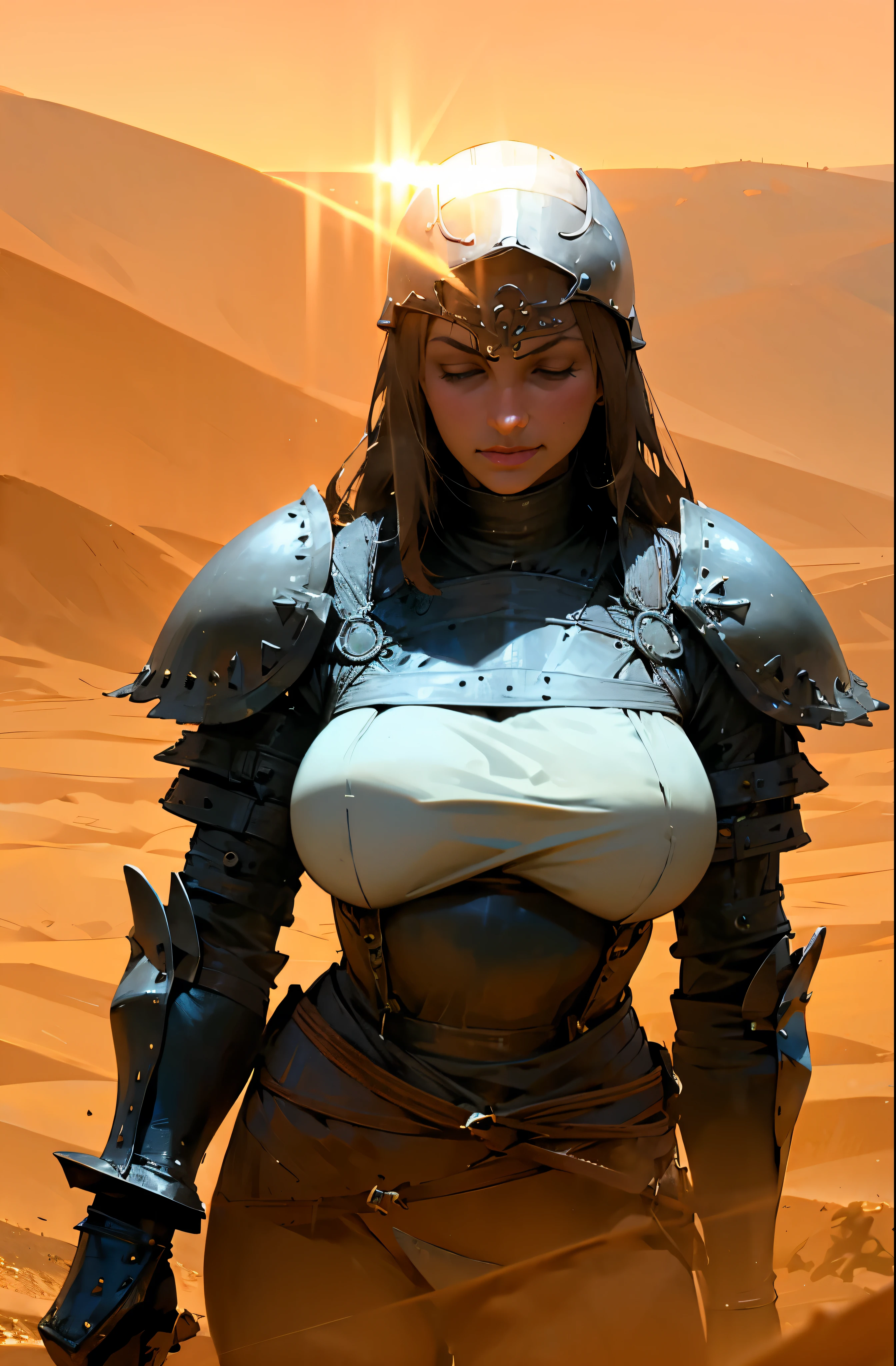 (high definition, 4k),1girl, medieval knight (in stile of Conan the Barbarian),wielding sword,realistic,large breasts,facing away, desert background, dusty wind, sandstorm, (overexposure:1.6), warm tones, open angle