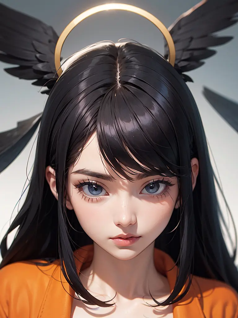 black hair, icon, anime style, masterpiece, symmetrical, minimalist design, uhd, ultra high resolution, orange halo, white backg...