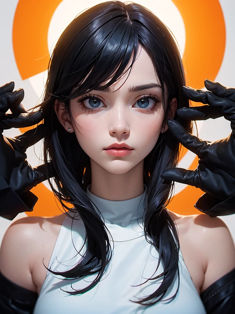 black hair, icon, anime style, masterpiece, symmetrical, minimalist design, UHD, ultra high resolution, orange halo, white background, realistic, 8k