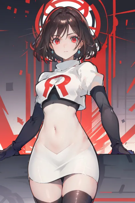(extremely detailed CG), (best quality), perfect face, shiny skin, lustrous skin,wide hips,   1girl,solo ,    RaeTaylor,jewelry, red eyes, short hair, brown hair, looking at viewer,team rocket,team rocket uniform,white skirt,red letter R,crop top,black thi...
