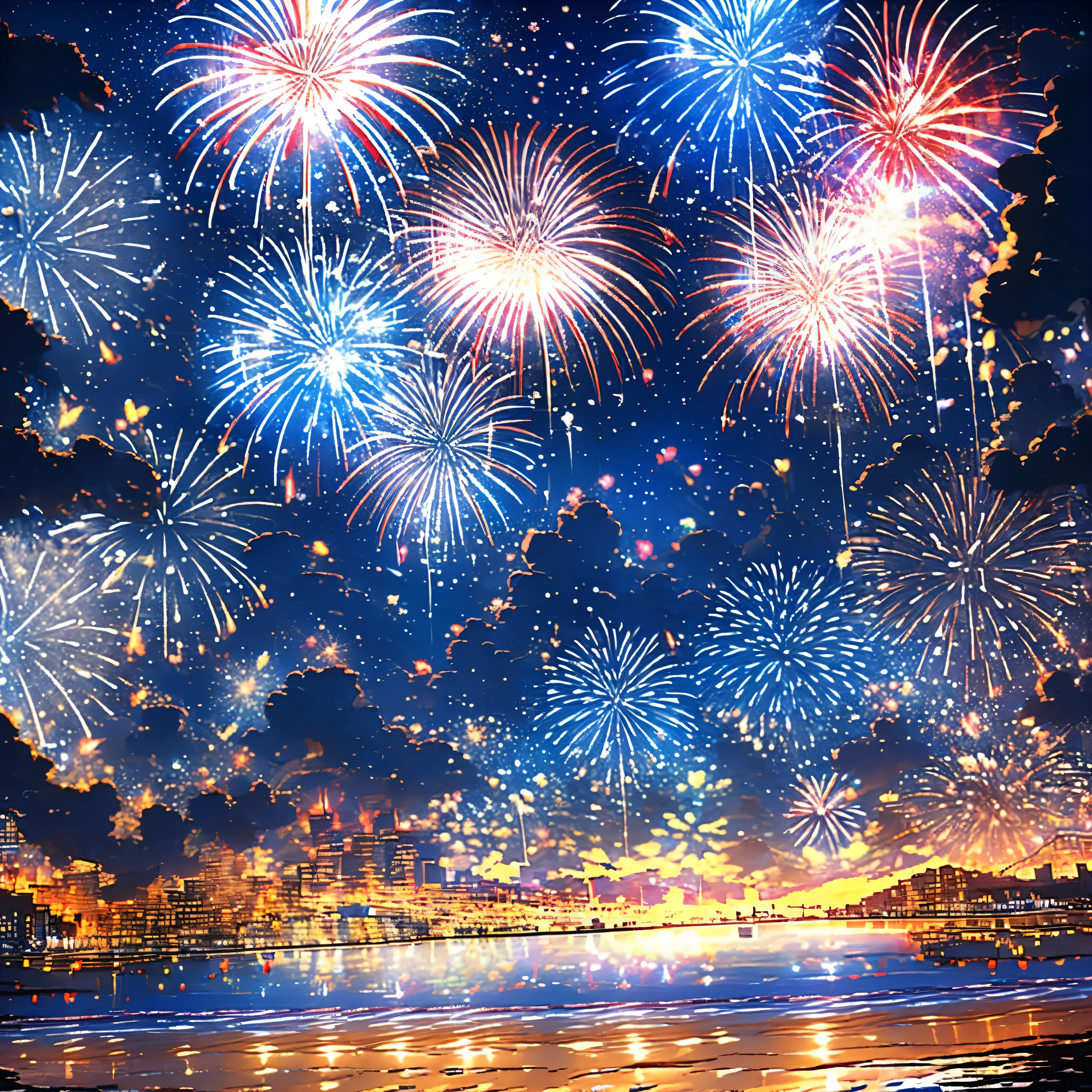 (obra de arte, 4k, 8k, melhor qualidade), Fireworks in the night sky, Colorful fireworks in the night sky, (Fireworks Drawing 2024: 1.3), reflection in the water, beach scenery, beach at night, paisagem, Feliz Ano Novo, 2024