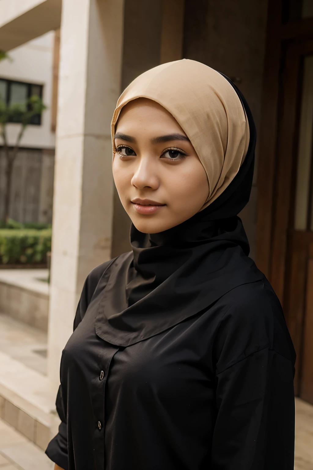 A woman wearing a black shirt and a tan hijab - SeaArt AI