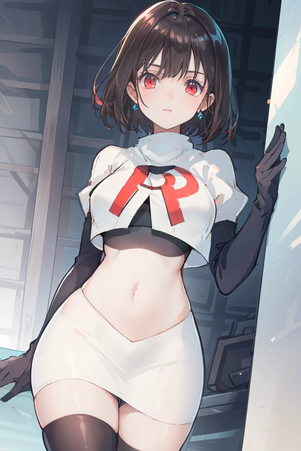 (extremely detailed CG), (best quality), perfect face, shiny skin, lustrous skin,wide hips,   1girl,solo ,    RaeTaylor,jewelry, red eyes, short hair, brown hair, looking at viewer,team rocket,team rocket uniform,white skirt,red letter R,crop top,black thigh-highs,black elbow gloves
