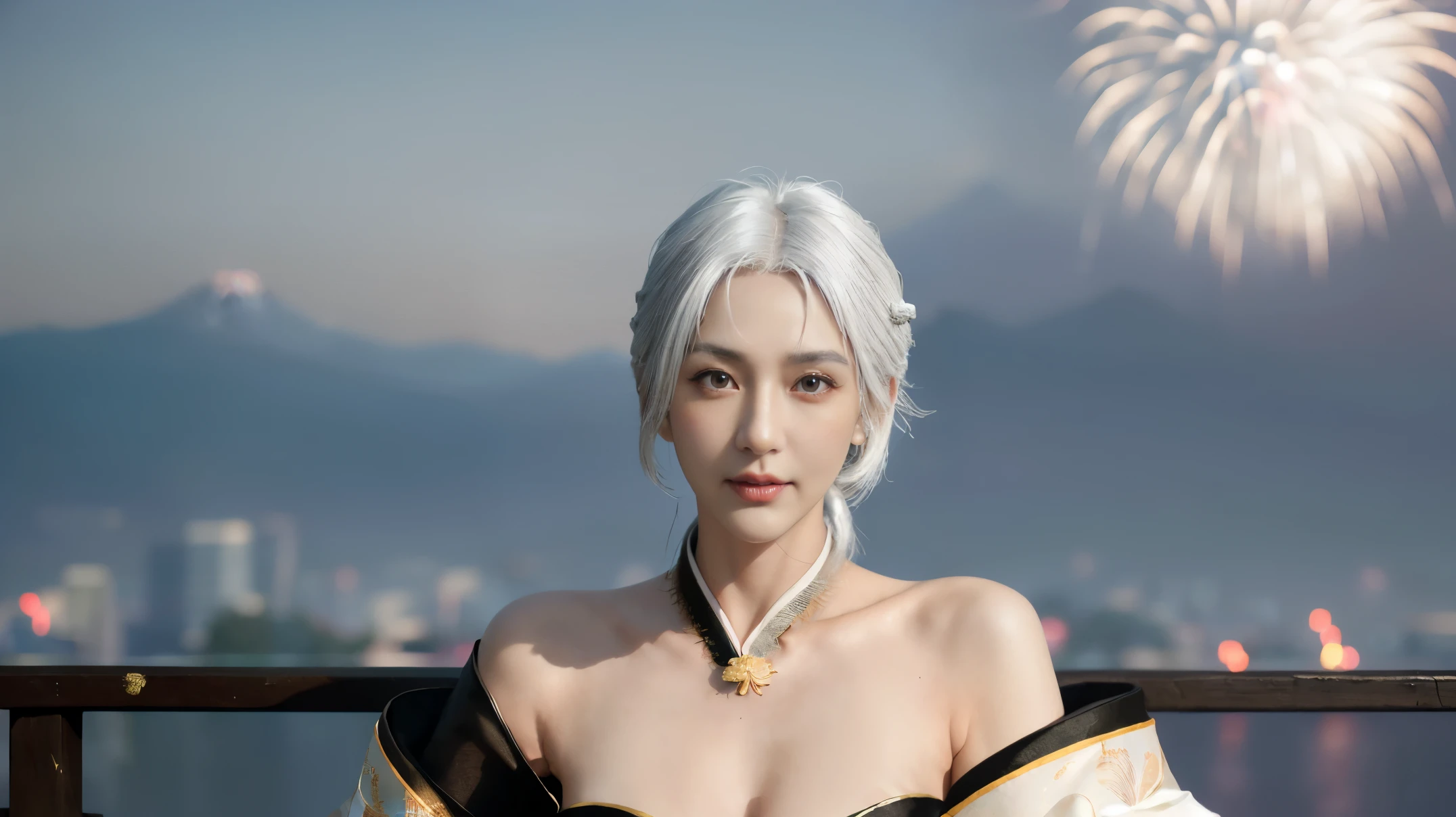 (best quality, masterpiece, perfect face, detailed simmetric eyes), (white hair :1.3), 20 year old European girl, flirting smile with POV, in traditional Japanese gold&black kimono, (sexy pose:1.2) ultra detailed kimono textures , high contrast, (natural Skin Texture, hyperrealism, Soft Light, sharp), snow moutain, Kyoto, (fireworks fade:1.3), Dark outdoor theme, calming tones, muted colors, high contrast, (natural Texture skin, hyperrealism, soft light, sharp), hdr, dramatic lights, (sexy:1.2), (charming:1.2), (random pose:1.2) high contrast, photorealistic digital art trending on Artstation 8k HD high definition detailed realistic , detailed, Skin Texture, hyperdetailed, realistic Skin Texture, armor, best quality, ultra high resolution, (large breasts: 1.4)
