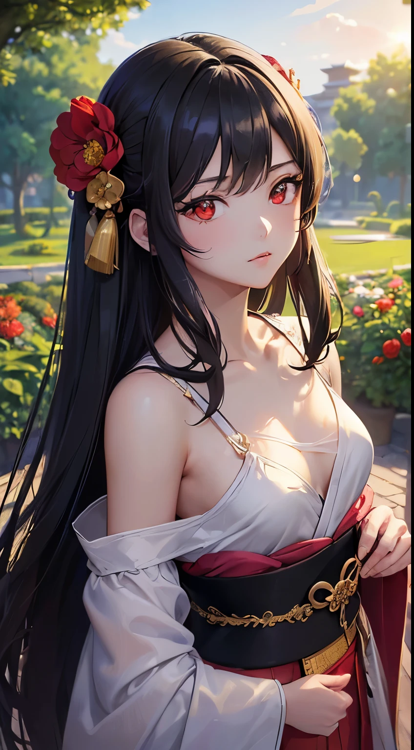 1 girl, A high resolution, (Anime style:1.1), ((masterpiece:1.5)), ((Best quality:1.3)), (very ultra-detailed:1.3), (Beautiful:1.3), solo, Beautiful face, 15 year old, radiant skin, at the garden, historical dramatic scene, wearing gorgeous kimono, black hair, (black long hair:1.3), (red eyes:1.3), view the viewer, Lens flare, Dramatic, (small breast:1.3).