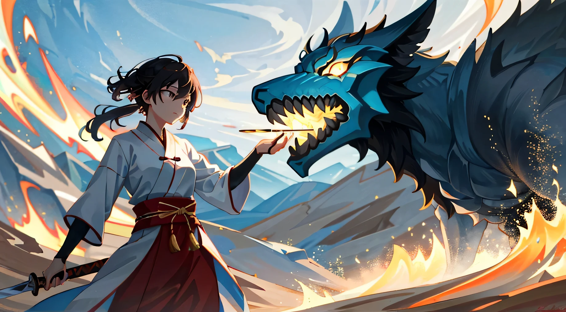 Anime girl with sword and dragon in the background - SeaArt AI