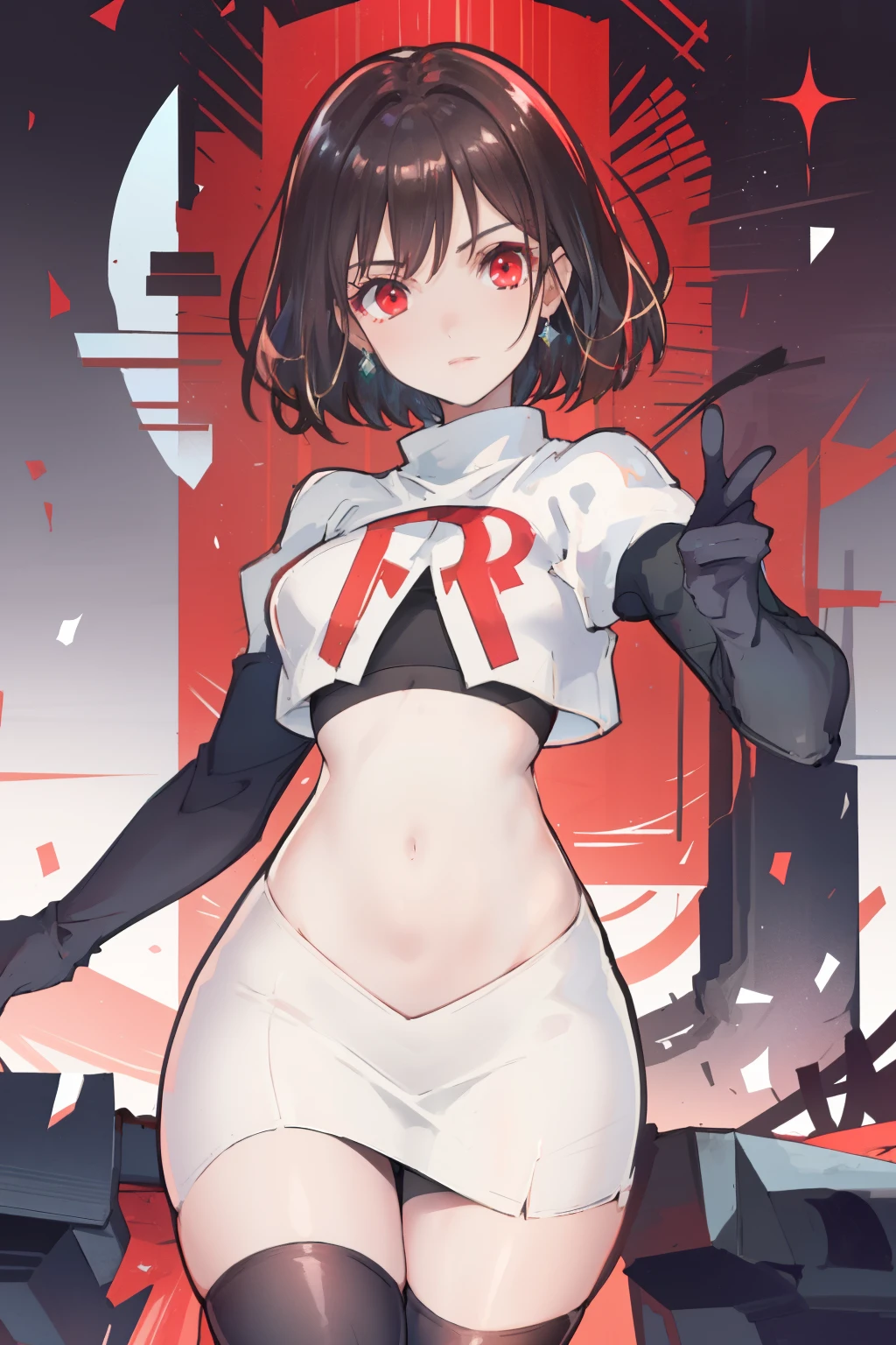 (extremely detailed CG), (best quality), perfect face, shiny skin, lustrous skin,wide hips,   1girl,solo ,    RaeTaylor,jewelry, red eyes, short hair, brown hair, looking at viewer,team rocket,team rocket uniform,white skirt,red letter R,crop top,black thigh-highs,black elbow gloves