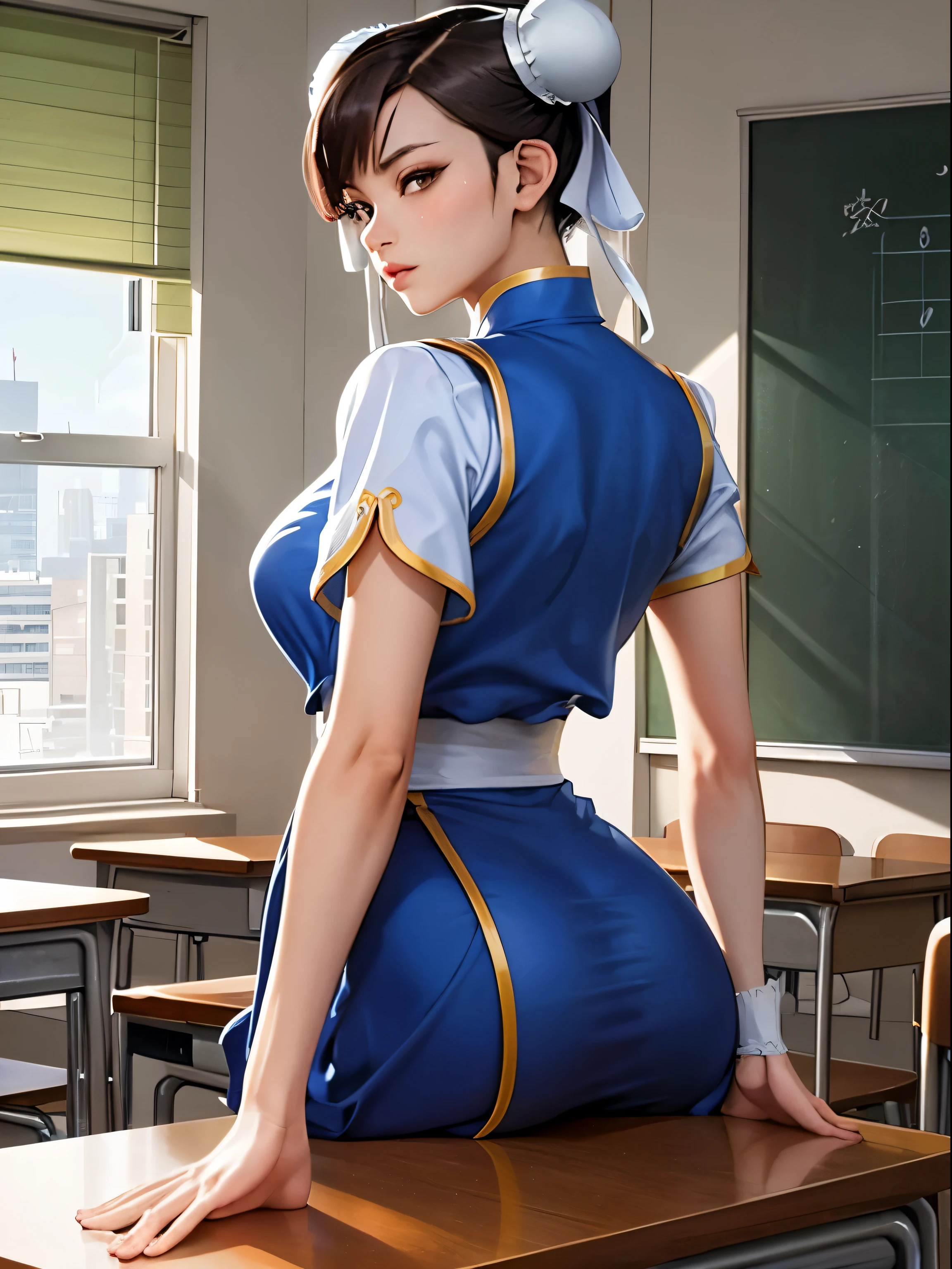 Anime girl in blue uniform sitting on a desk in a classroom - SeaArt AI