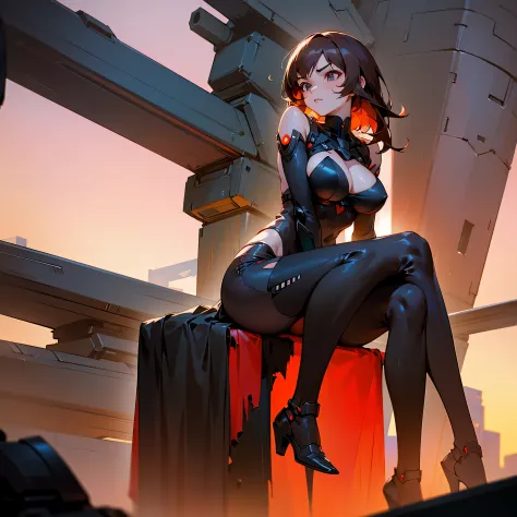 brown hair to shoulders, big breast, furutistic torn black revealing clothes with red details, villain, female sitting pose, pic above from knees, with futuristic city background in the sunset