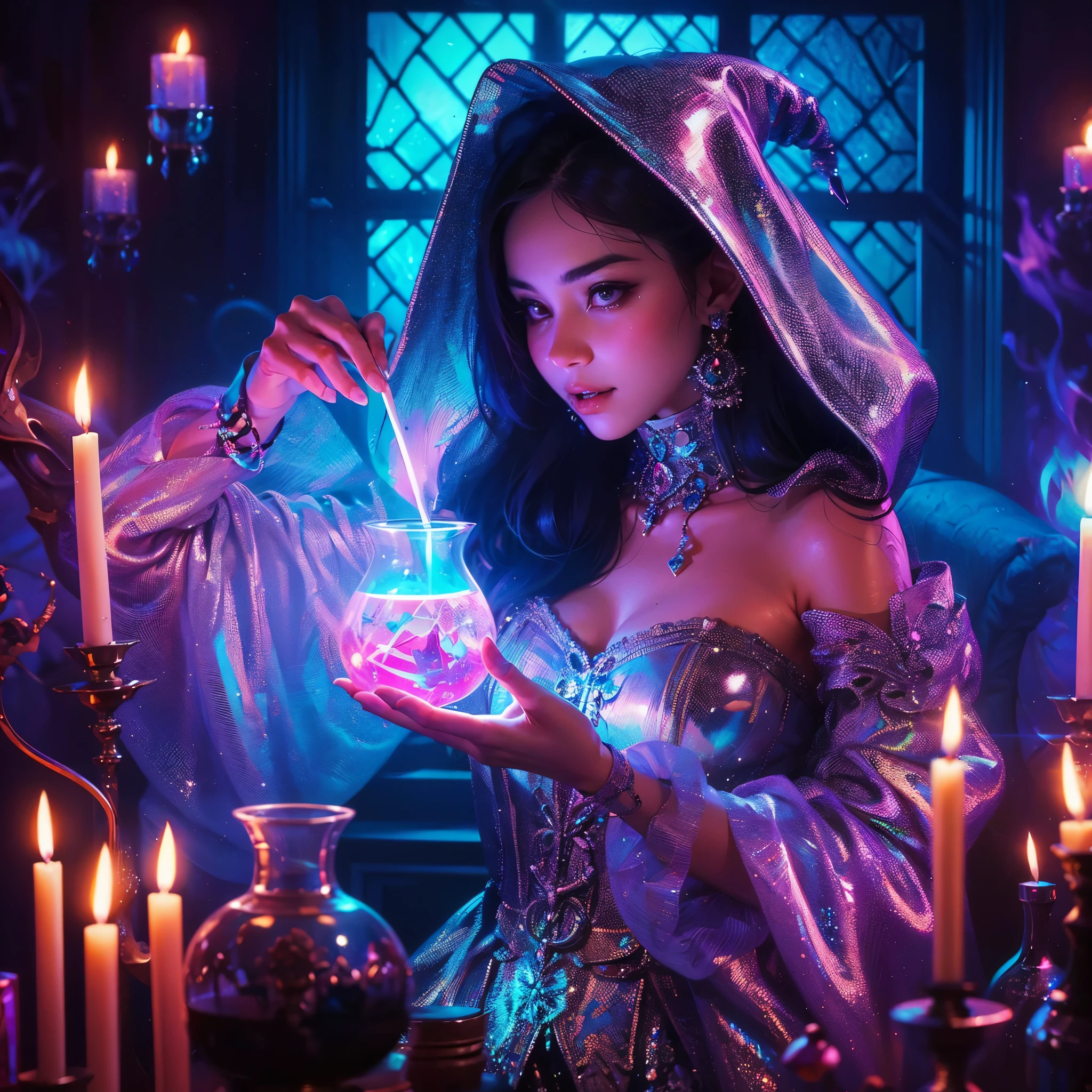 arafed woman with large round breast, showing her cleaveage, in a purple dress holding a crystal ball, casting a spell on a potion, ross tran 8 k, witch fairytale, jen bartel, maya ali as a cyber sorceress, fantasy art behance, pretty sorceress, female mage conjuring a spell, fantasy aesthetic!, maya ali as a d&d sorcerer, masterpiece, best quality:1.2),,(8k,highres,RAW photo,realistic,photo-realistic:1.3),(detailed skin texture,detailed cloth texture,beautiful detailed face:1.25),professional lighting,photon mapping,beautiful soft light,radiosity,physically-based rendering,raytracing, model shoot style, model shoot style, (extremely detailed CG unity 8k wallpaper), full shot body photo of the most beautiful artwork in the world,