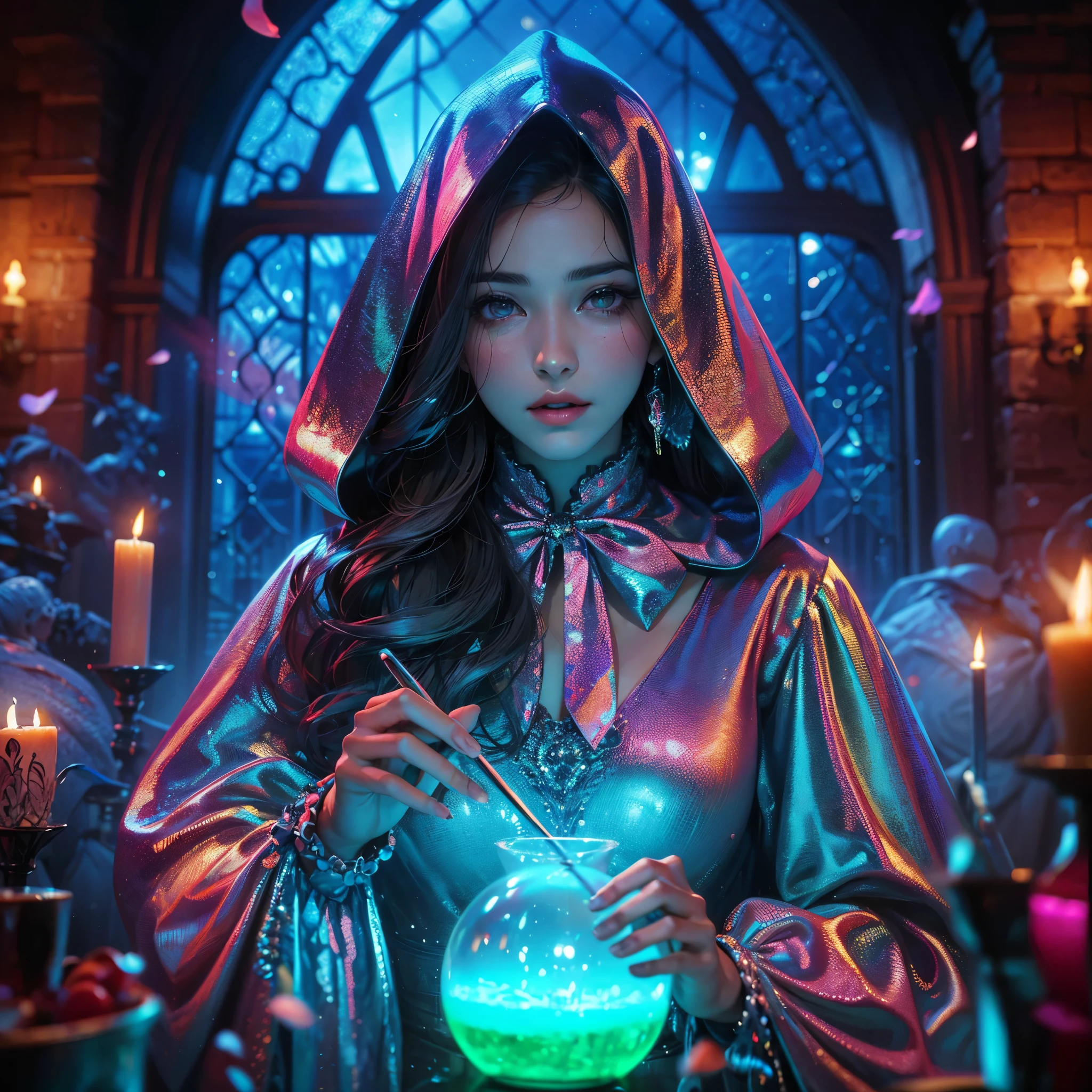 arafed woman with large round breast, showing her cleaveage, in a purple dress holding a crystal ball, casting a spell on a potion, ross tran 8 k, witch fairytale, jen bartel, maya ali as a cyber sorceress, fantasy art behance, pretty sorceress, female mage conjuring a spell, fantasy aesthetic!, maya ali as a d&d sorcerer, masterpiece, best quality:1.2),,(8k,highres,RAW photo,realistic,photo-realistic:1.3),(detailed skin texture,detailed cloth texture,beautiful detailed face:1.25),professional lighting,photon mapping,beautiful soft light,radiosity,physically-based rendering,raytracing, model shoot style, model shoot style, (extremely detailed CG unity 8k wallpaper), full shot body photo of the most beautiful artwork in the world,