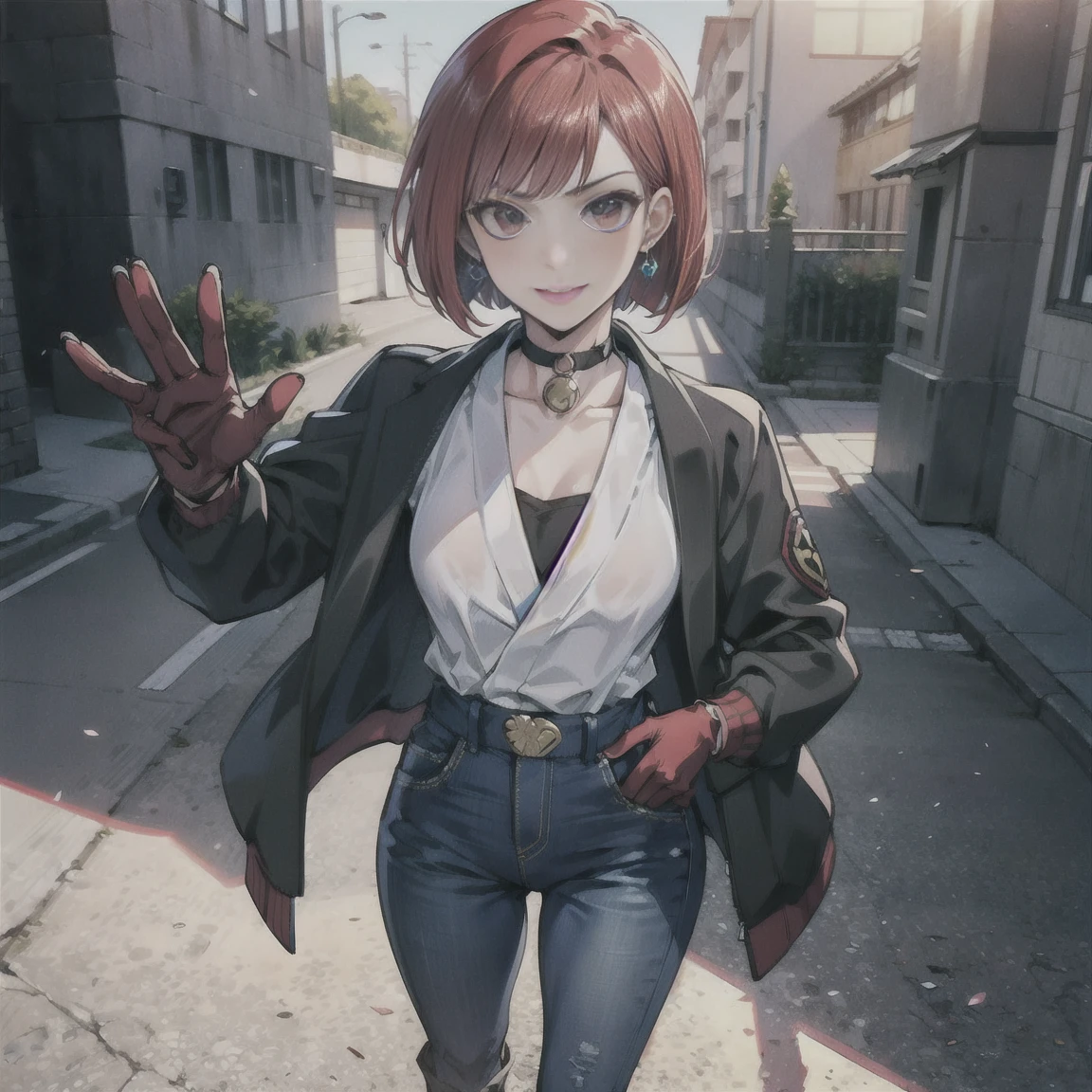 im Kunststil von Persona 5 und im Kunststil von Street of Rage 4, Delinquent, (sie sind), reifen_weiblich, erröten, reifen, ältere Frau, 2, Sukeban-Lehreroutfit, (1 Mädchen, Allein weiblich, Allein, Allein focus)++++, HALSBAND, sie sind teacher, sie sind Kämpfener, lang_Ärmel, open Jacke, blue Jacke,( Jeans)+++, light skin tone weiblich, (Ganzkörper)+++++, Jacke, biker Jacke, Band, Arm_Unterstützung, Handschuhe, Rot_Handschuhe, Brautstulpen, Nagelpolitur, Stiefel, Schwarz_Schuhwerk, Kämpfener outfit, (Ganzkörper)+++++++, Sanduhr, reifen face, freches Lächeln, Freches Gesicht, Falten, (Rot hair, Kurzes Haar, Bob-Frisur, Ohrringe, Ohrpiercings), Rot eyeighting art, Kampfsport, Stehen, Kämpfening_Haltung, Kämpfen, Kämpfening), zusätzliche Farben, 2d, megapixel, Perfektionismus, Akzentbeleuchtung, Full HD , (Meisterwerk:1.2), (Ganzkörperaufnahme:1),(Cowboy-Schuss:1.2), (sehr detailliert:1.2),(Anime Detailliertes Gesicht:1.2), bunt, Ein Auge fürs Detail, (detaillierte Landschaft:1.2), (natürliche Beleuchtung:1.2), ((sie sind school teacher)) Von Vincent Di Fate: Abonnieren, Anamorphe Aufnahme, Drittelregel, Gesicht von Artgerm und WLOP,