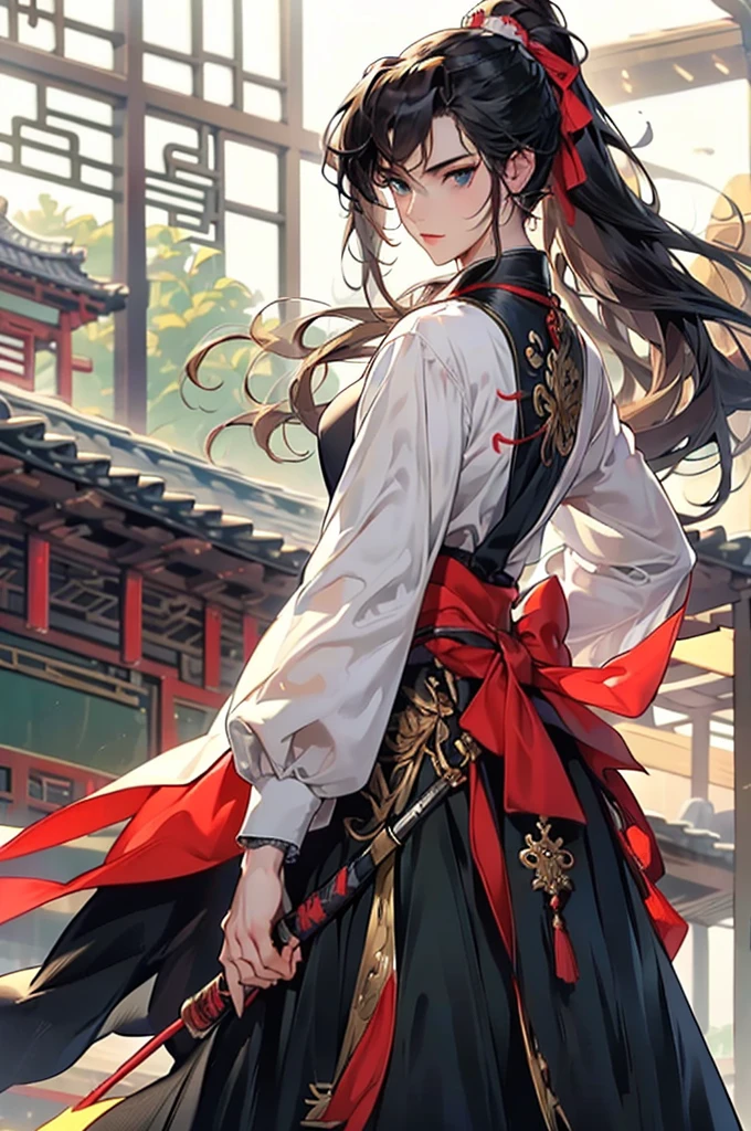 (Best quality at best,A high resolution,The image is clear，:1.2),A handsome young man holding a sword，Chinese style clothes，high ponytails，natta，Garden scene,under moonlight,starrysky