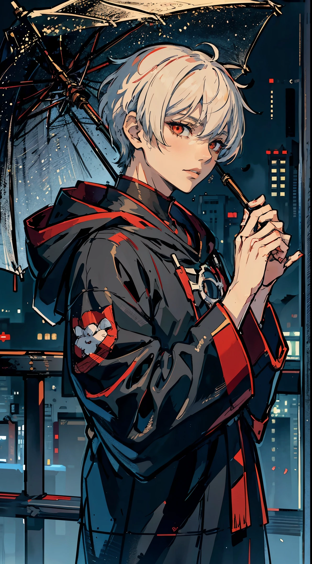 kk, best quality, more details, masterpiece, 1 boy, kaneki ken, portrait, male focus, red eyes, solo, bangs, look at viewer, hood, short hair, rain, tokyo tokyo \(city\), hood, nail polish, white hair, luxurious, 8k, detailed, ray tracing, depth of field, cinematic lighting,face up close, portrait, front view 