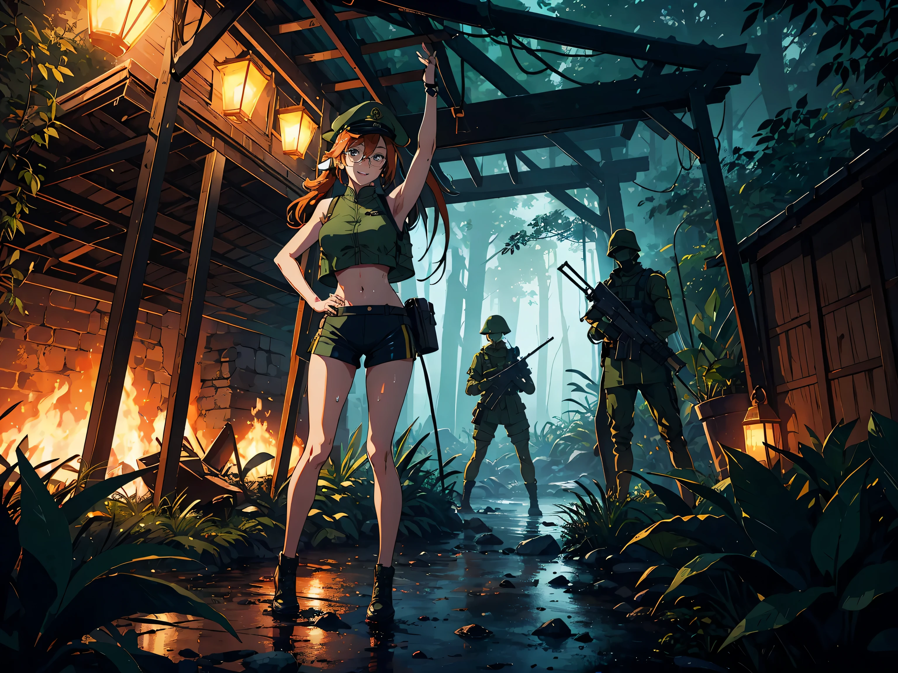 4K super detail, inspired by the Metal_Slug_style of warfare, revealing a stunning masterpiece. | ((Fio Germi)), a brave 20-year-old woman, stands out in a military outfit in the Vietnamese forest at night. Wearing a green sleeveless jacket, a white crop top and green leather shorts, she displays a sweaty posture, adding realism to the scene. Her eyes, visible through prescription glasses, stare directly at the viewer, conveying determination and courage. A big smile lights up her face as she interacts with the war environment around her. Her orange hair, tied in a ponytail, is adorned with a green cap. | The composition brings details of trees, trunks, military vehicles, cannons and structures, providing a scene rich in elements. Night lighting enhances the combat atmosphere, highlighting the reflections of sweat on her face. The movement effect creates a dynamic narrative, revealing the woman's courage and confidence in war. | Immersive scene of a brave woman, immersed in the Vietnamese forest at night, inspired by Metal Slug's style of warfare. | {The camera is positioned very close to her, revealing her entire body as she adopts a dynamic_pose, interacting with and leaning on a structure in the scene in an exciting way} | She is adopting a ((dynamic_pose as interacts, boldly leaning on a structure, leaning back in an exciting way):1.3), ((perfect_pose)), ((perfect_pose):1.5), (((full body))), ((perfect_fingers, better_hands, perfect_hands, perfect_legs)), ((perfect_fingers, better_hands, perfect_hands, perfect_legs):0.7), ((Fio Germi):1.5), More Detail.