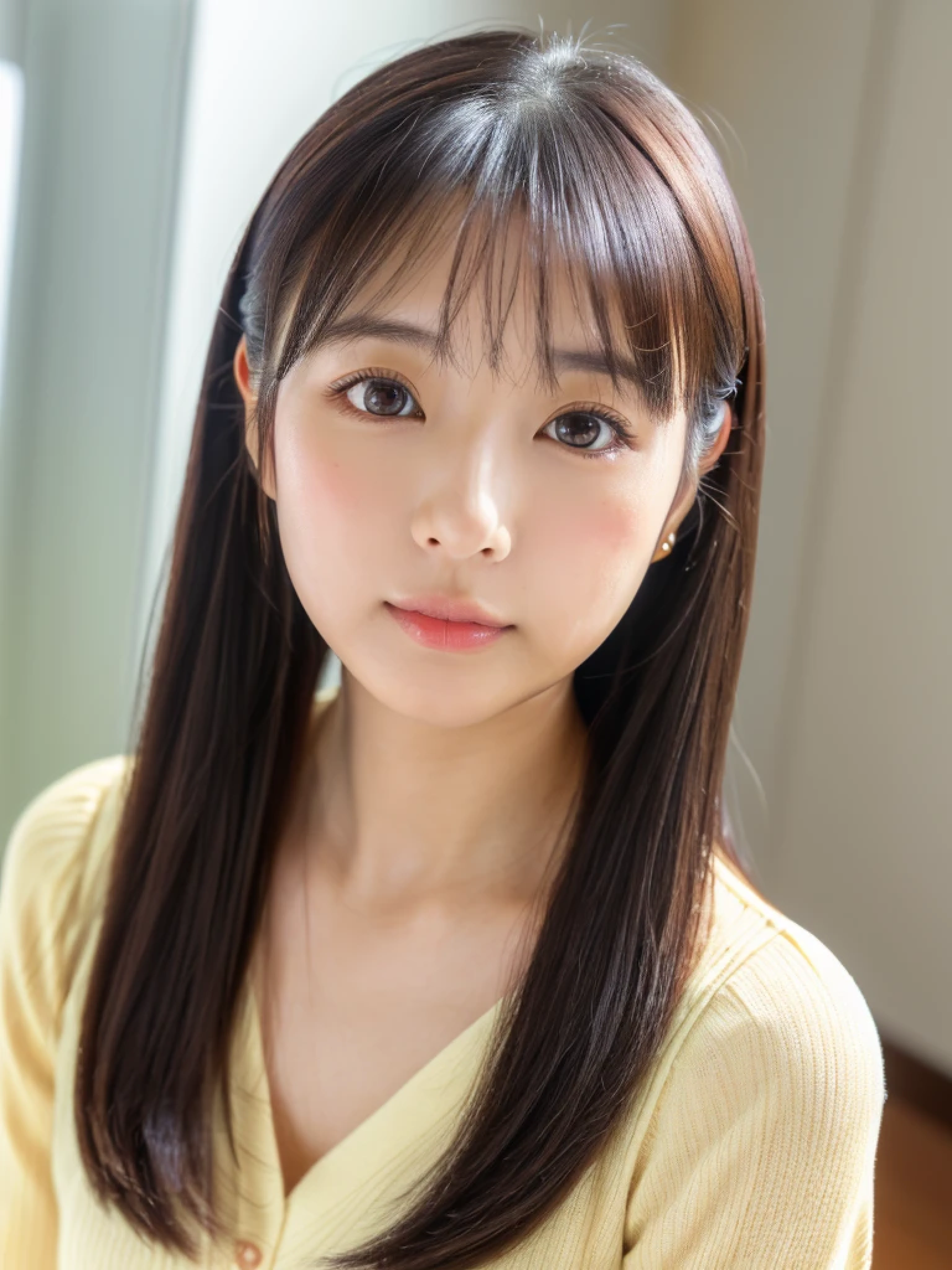 ((cute japanese girl、beautiful japanese girl、1 girl、clear、1、poneyTail、Highly detailed face and skin texture、refinement、super detailed face、ultradetailed eyes、blusher、blush、cheek、Pink cheeks、close up of a woman、bustup、Face facing front、Body facing front、looking at the camera、front、cute、smooth white skin、Transparent skin texture、))、(dark brown hair、bangs)、Beautiful Women in Perfect Style：1.4、Japan models、young gravure idol、Young cute gravure idol、Realistic young gravure idol、sophisticated gravure idol、((highest quality、8k、masterpiece:1.3、１Photo))、(4K、RAW photo、highest quality)、(realistic、Photo realistic:1.37)、Place a person across the screen、Natural light、upper body and head、