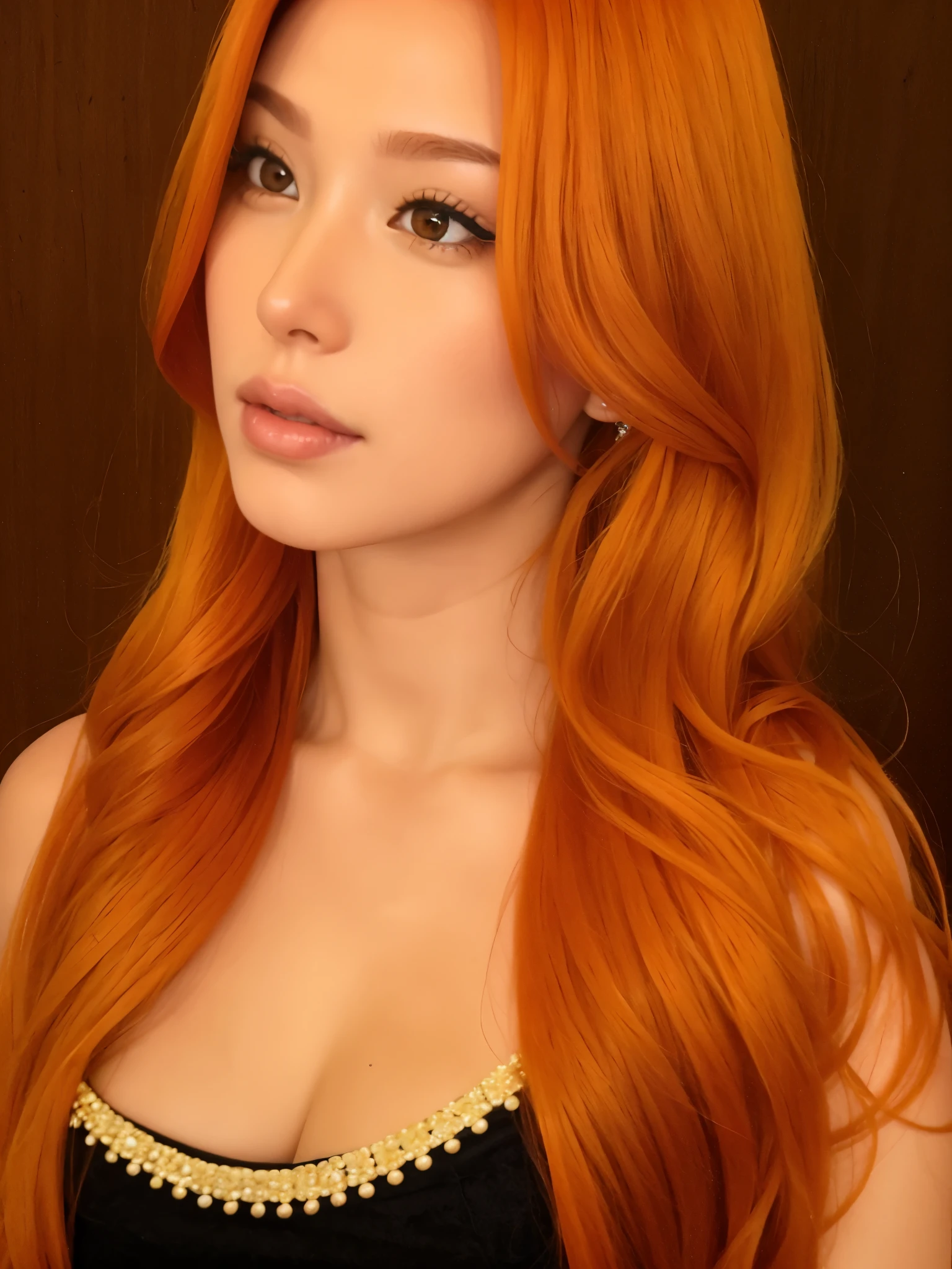 um close up de uma mulher com longos cabelos vermelhos e um vestido preto, she has long redorange hair, cabelo laranja brilhante, long wavy orange hair, ela tem longos cabelos castanhos alaranjados, pele laranja e cabelo ardente longo, long orange hair, Sun Yunjoo, orange hair, longos cabelos ruivos brilhantes, orange flowing hair, Cabelos ruivos claros, bright orange hair