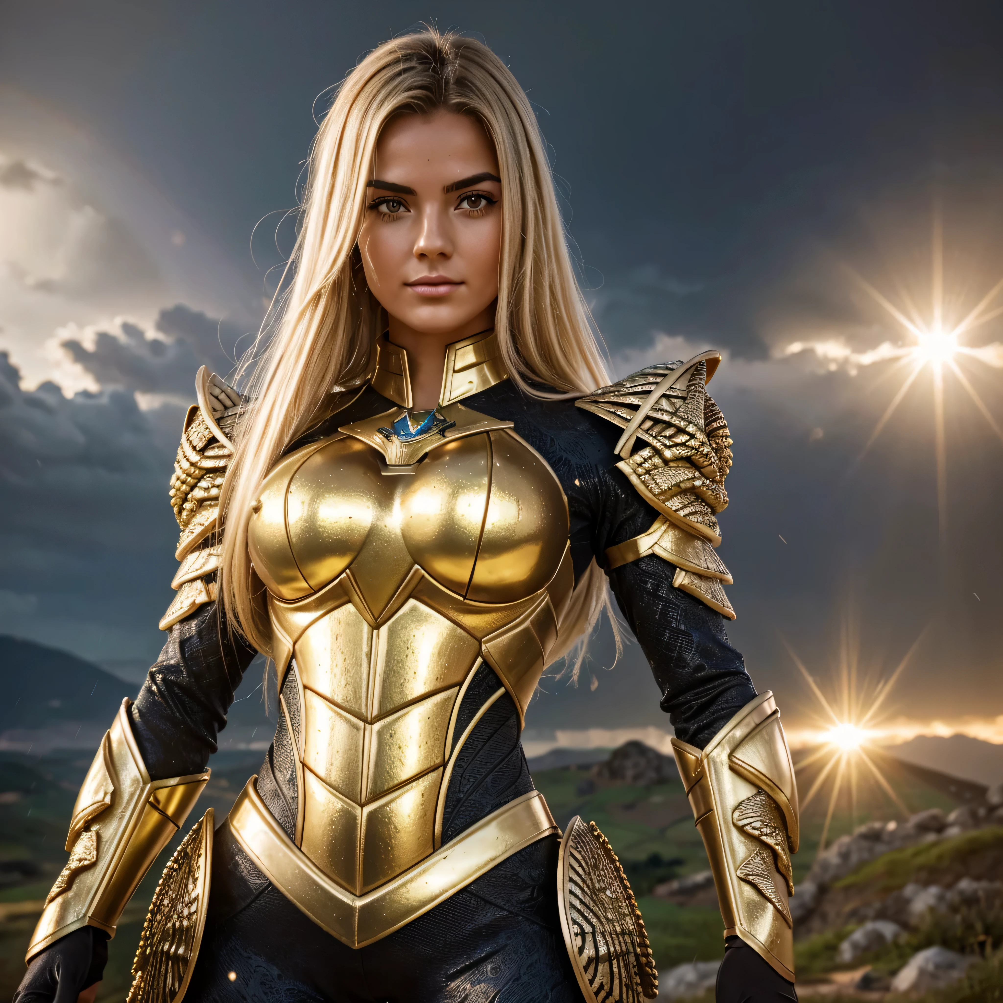 Knight of the Zodiac Aiolia de Leo, gold skull with white cape, attack at the speed of light, Saint Seya, (STYLE OCTANE RENDER!!!), (REALISTIC GOLD texture), realistic hair!!! (shiny gold), (realistic texture:2.0), (HDR:1.2), (4K), BLOND HAIR LONG, tiro de fully body!!!, camera low, Super detailed COSTUME ( GOLDEN ARMOR), adorned with shiny stones, (GODDESS ARMOIRY ARMOR!) costume with precious stones, wide shoulder pads, nordic woman!, rosto angelical, symmetrical face, seduce, defined muscular thighs, MAJESTY THRONE ROOM, fully body, mostre as flegs de calcinha dourada brilhante relusente, sensual blue eyes, WHITE thighs, flegs, red mouth, small eyes, fine nose, (Nordic ethnicity), (muscular girl!), (STRONG GIRL!), Caucasian skin, 25 year old girl skin clean, Caucasian skin, skin clean, (perfects eyes!), hot girl, very white skin, bee, flickering lights, SPLASH, ((RAINDROPS!!!!)) (LENS FLARE!), (RAINBOW!), (RAIN:1), (STORM!), (SUPER STORM!!!), (GRAIN), (wet texture!), (powerfull girl!!!), ((blonde eyebrows!!!))