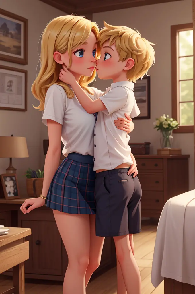 "mom kissing her little young boy on the lips", blonde hair, mom is seen wearing a skirt, little boy is seen wearing shorts, mas...