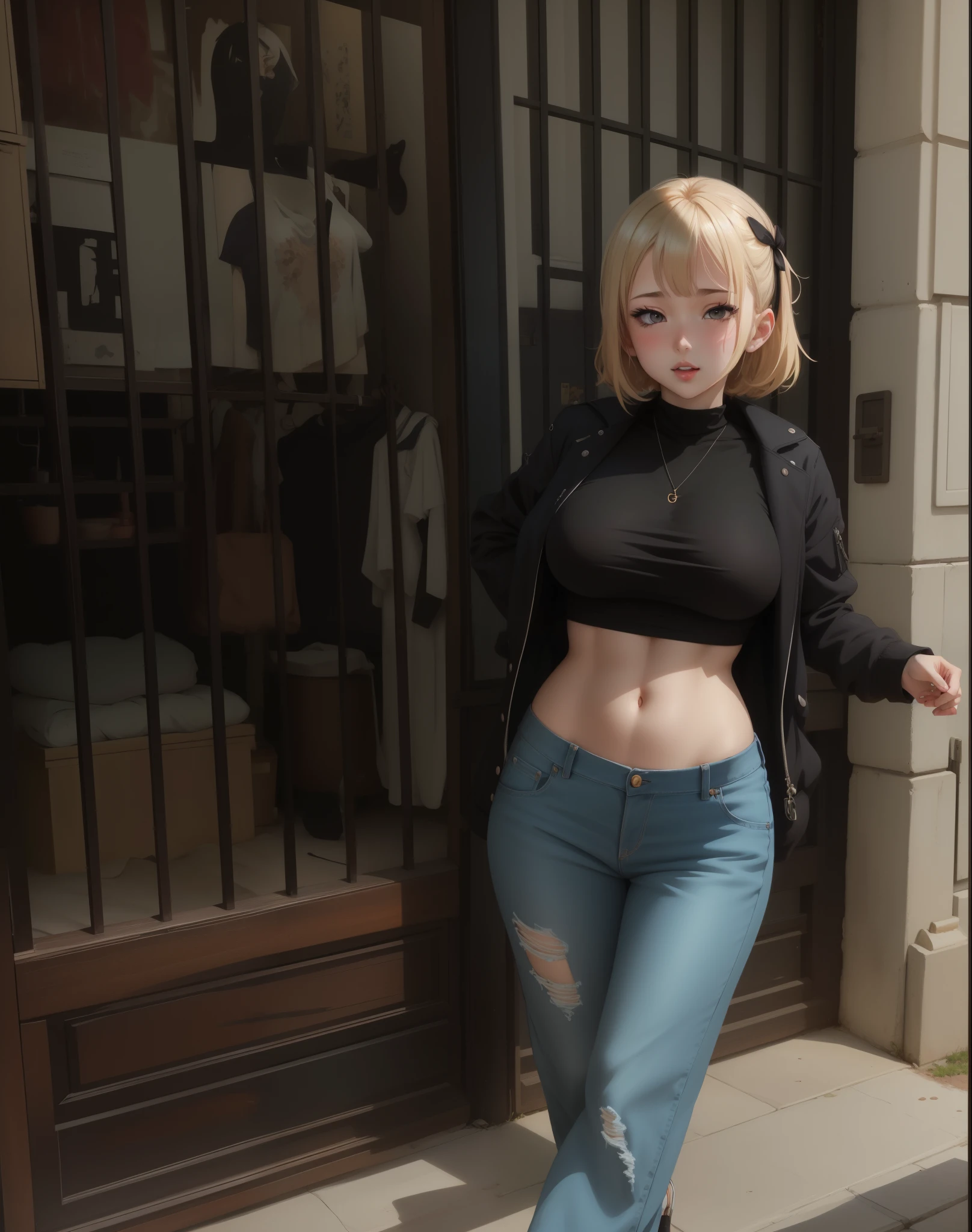 Blond woman in black top and jeans walking down the street - SeaArt AI