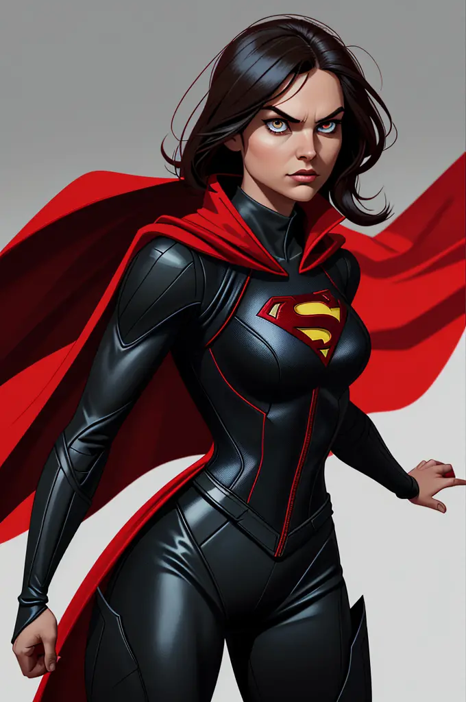 create a superhero image with a red and black jumpsuit, a cape, and bright eyes. the superhero should have a commanding stance a...