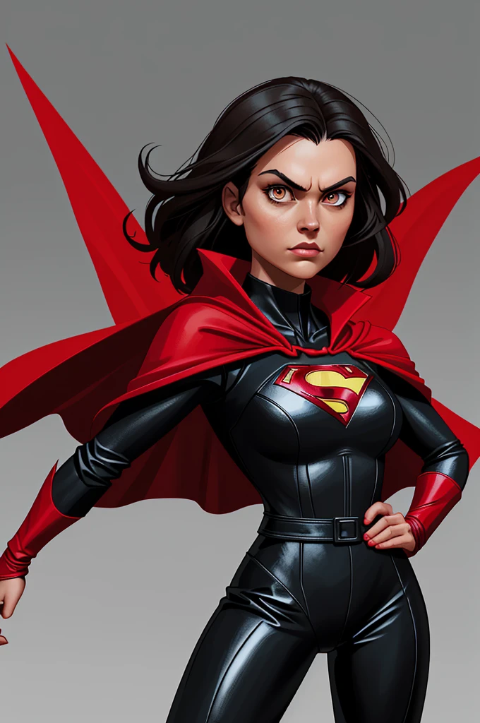 Create a superhero image with a red and black jumpsuit, a cape, and bright eyes. The superhero should have a commanding stance and be ready for action.