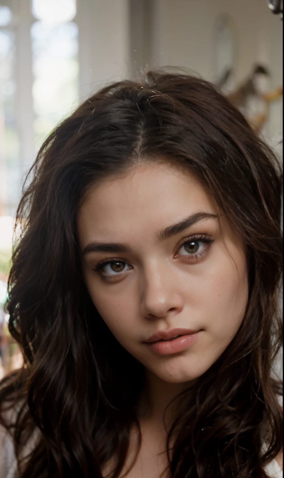 a close up of a woman with long hair and a white dress, gorgeous latina face, madison beer girl portrait, the face of absurdly beautiful, madison beer, 19-year-old girl, portrait sophie mudd, miranda cosgrove, hyperrealistic , very pretty face, buetifull, long brown hair,