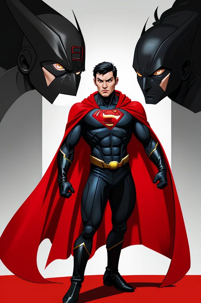 ((homme)), Create a superhero image with a red and black jumpsuit, a cape, and bright eyes. The superhero should have a commanding stance and be ready for action.