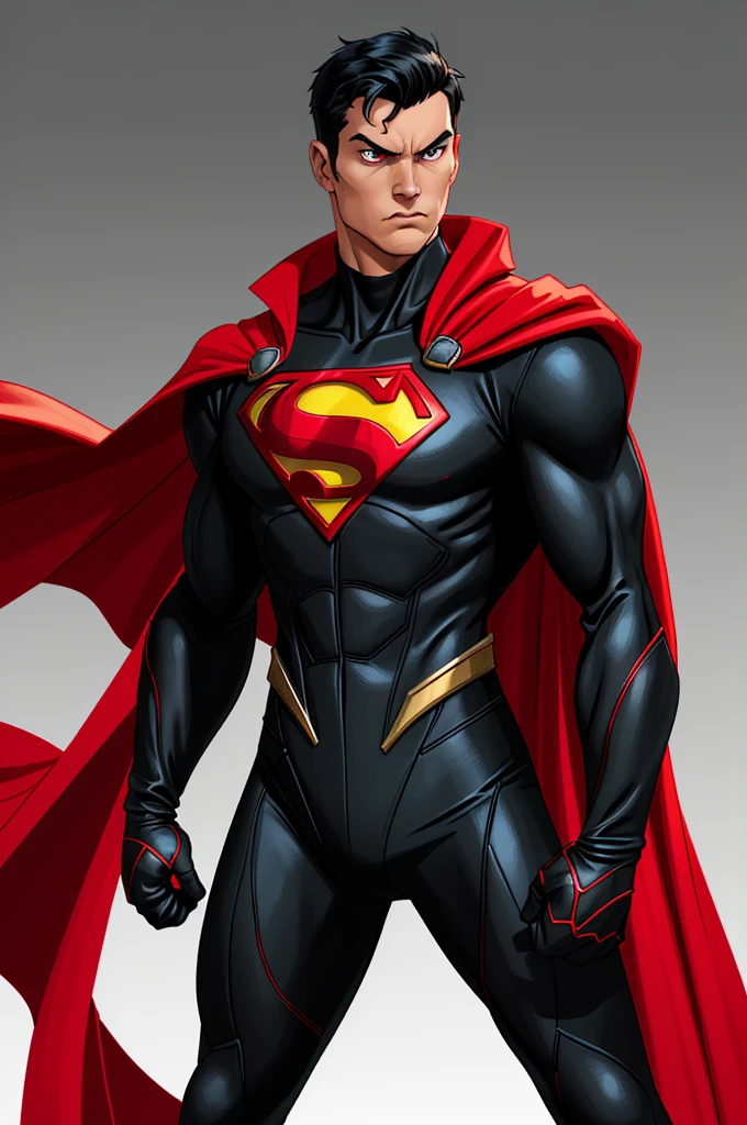 ((homme)), Create a superhero image with a red and black jumpsuit, a cape, and bright eyes. The superhero should have a commanding stance and be ready for action.