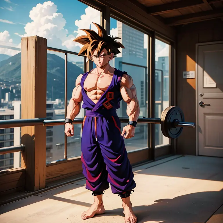 (Eine detaillierte Zeichnung von Son Goku, bodybuilding gym.), shirtless, barefoot