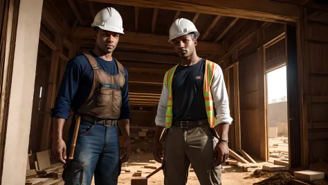 Ultra-realistic photograph of Black-American construction workers. They are wearing construction uniform. They are busy working at a building construction site. Award winning photography quality, epic photograph, Cinematic lighting, perfect textures, highe...