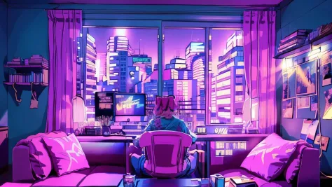 girls are traders, pink theme, style anime, computer, living room, in the computer screen is chart stock night light , (extremel...