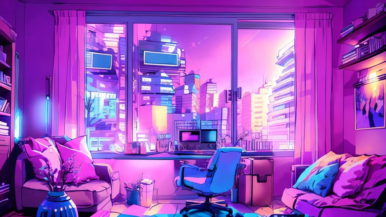 Girls are traders, Pink Theme, Style Anime, Computer, living room, in the Computer screen is chart stock night light , (extremely detailed:1.2), (Warm light:1.2), muste piece, Super realistic,At 32K, Highly detailed CG Unity 8K wallpaper, best quality  (muste piece,best quality:1.5)